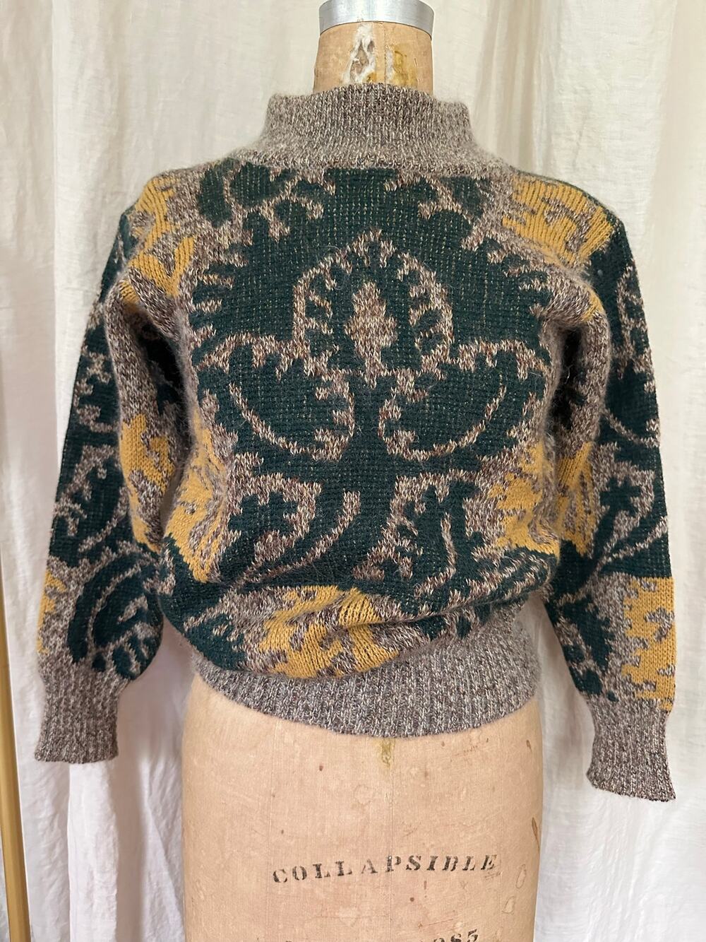 Vintage wool mohair alpaca mock-turtleneck sweater green mustard tan sz s